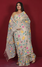 Premium Quality Jangla Jaal Work Muslin Silk Dhakai Jamdani Saree in Antique White and Multicolored Thread Work