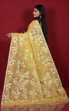 Premium Quality Jangla Jaal Work Muslin Silk Dhakai Jamdani Saree in Pastel Yellow, Off White and Multicolored Thread Work