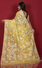 Premium Quality Jangla Jaal Work Muslin Silk Dhakai Jamdani Saree in Pastel Yellow, Off White and Multicolored Thread Work