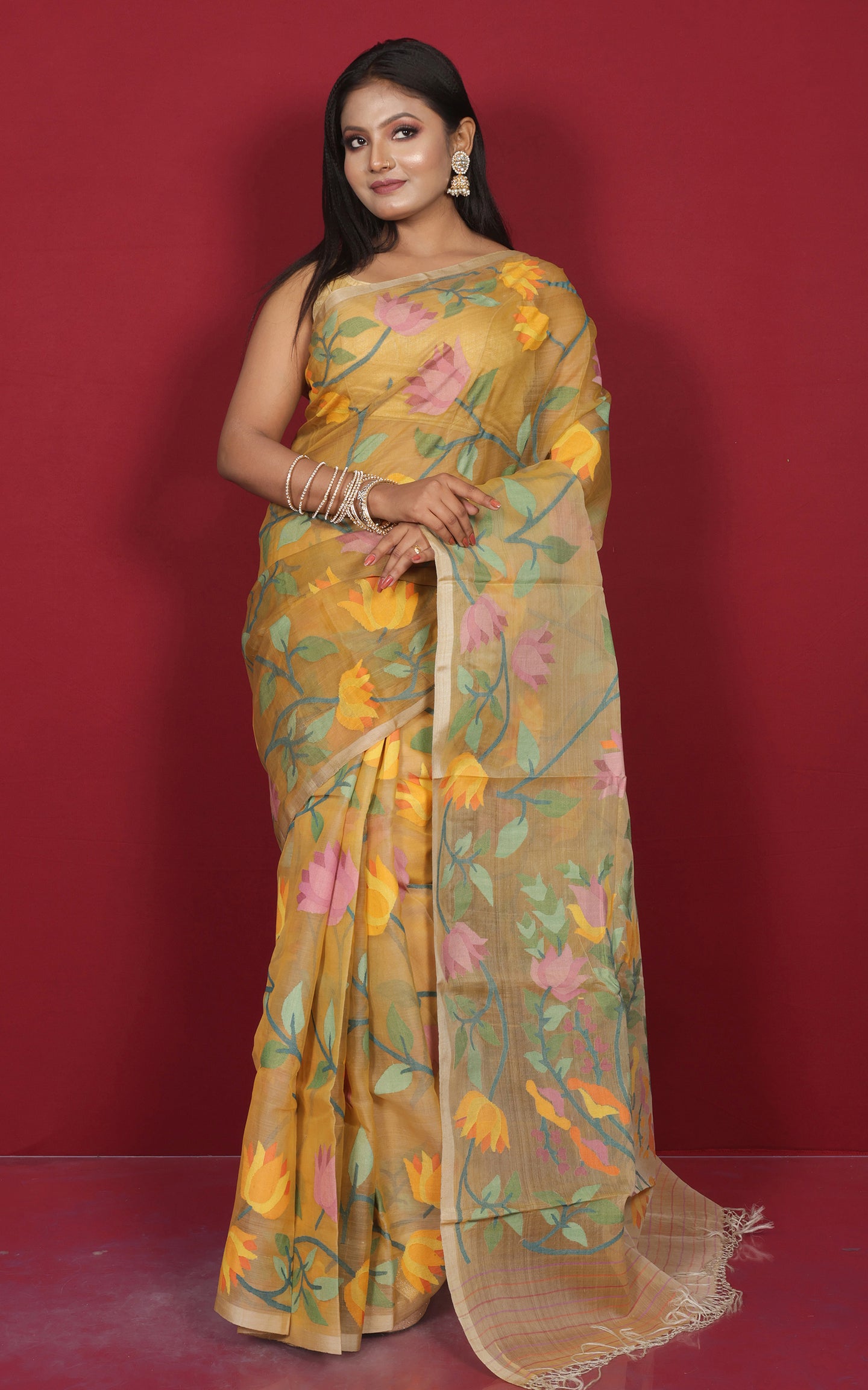 Premium Quality Jangla Jaal Lotus Motif Work Muslin Silk Dhakai Jamdani in Mustard Golden and Multicolored Thread Work