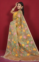 Premium Quality Jangla Jaal Lotus Motif Work Muslin Silk Dhakai Jamdani in Mustard Golden and Multicolored Thread Work