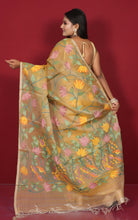 Premium Quality Jangla Jaal Lotus Motif Work Muslin Silk Dhakai Jamdani in Mustard Golden and Multicolored Thread Work