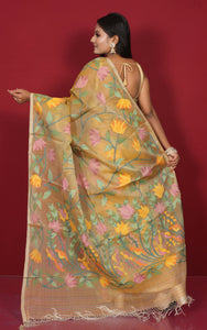 Premium Quality Jangla Jaal Lotus Motif Work Muslin Silk Dhakai Jamdani in Mustard Golden and Multicolored Thread Work