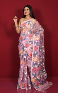 Premium Quality Jangla Jaal Lotus Motif Work Muslin Silk Dhakai Jamdani Rosy Pink, Off White and Multicolored Thread Work