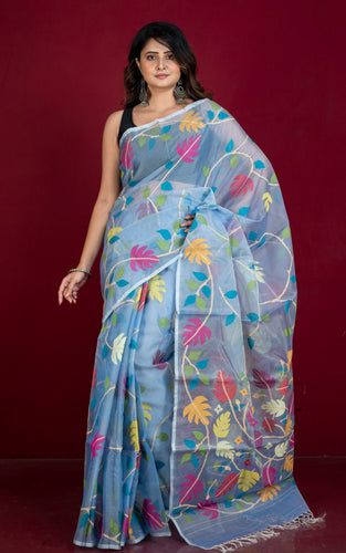 Premium Quality Jangla Jaal Work Muslin Silk Dhakai Jamdani Saree in Ice Blue, Beige and Multicolored Thread Work