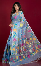 Premium Quality Jangla Jaal Work Muslin Silk Dhakai Jamdani Saree in Ice Blue, Beige and Multicolored Thread Work