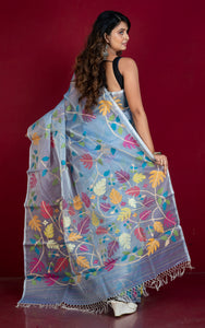 Premium Quality Jangla Jaal Work Muslin Silk Dhakai Jamdani Saree in Ice Blue, Beige and Multicolored Thread Work