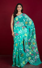 Premium Quality Jangla Jaal Work Muslin Silk Dhakai Jamdani Saree in Sea Green, Off White and Multicolored Thread Work