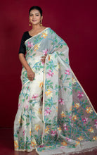 Premium Quality Jangla Jaal Lotus Motif Work Muslin Silk Dhakai Jamdani in Daisy White, Beige and Multicolored Thread Work