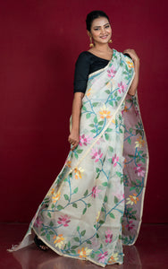Premium Quality Jangla Jaal Lotus Motif Work Muslin Silk Dhakai Jamdani in Daisy White, Beige and Multicolored Thread Work