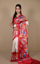 Hand Batik Printed Soft Semi Gicha Silk Saree in Off White. Red and Multicolored