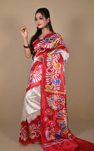 Hand Batik Printed Soft Semi Gicha Silk Saree in Off White. Red and Multicolored