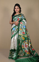 Hand Batik Printed Soft Semi Gicha Silk Saree in Off White. Dark Green and Multicolored