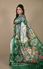 Hand Batik Printed Soft Semi Gicha Silk Saree in Off White. Dark Green and Multicolored