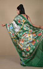 Hand Batik Printed Soft Semi Gicha Silk Saree in Off White. Dark Green and Multicolored