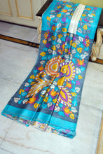 Kalamkari Printed Soft Bishnupuri 2 Ply Pure Silk Saree with Broad Border & Designer Pallu – Ivory, Arctic Blue & Purple Multicolor