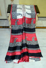 Block Printed Soft Bishnupuri 2ply Pure Silk Saree in White, Red and Black