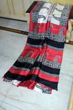 Block Printed Soft Bishnupuri 2ply Pure Silk Saree in White, Red and Black