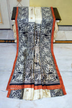 Kalamkari Printed Soft Bishnupuri 2ply Pure Silk Saree in Cream, Black and Rust Brown