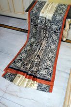 Kalamkari Printed Soft Bishnupuri 2ply Pure Silk Saree in Cream, Black and Rust Brown