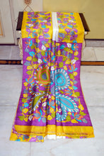 Kalamkari Printed Soft Bishnupuri 2 Ply Pure Silk Saree with Broad Border & Designer Pallu – Ivory, Yellow & Purple Multicolor
