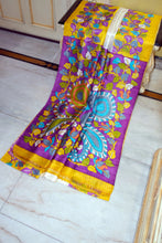 Kalamkari Printed Soft Bishnupuri 2 Ply Pure Silk Saree with Broad Border & Designer Pallu – Ivory, Yellow & Purple Multicolor