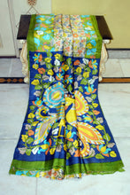 Kalamkari Printed Soft Bishnupuri 2ply Pure Silk Saree in Beige, Green, Royal Blue and Multicolored