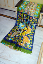 Kalamkari Printed Soft Bishnupuri 2ply Pure Silk Saree in Beige, Green, Royal Blue and Multicolored