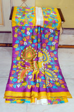 Kalamkari Printed Soft Bishnupuri 2Ply Pure Silk Saree with Broad Border & Designer Pallu – Off White, Yellow & Purple Multicolor