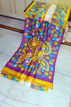 Kalamkari Printed Soft Bishnupuri 2Ply Pure Silk Saree with Broad Border & Designer Pallu – Off White, Yellow & Purple Multicolor