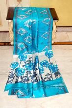 Hand Batik Printed Soft Bishnupuri 2ply Pure Silk Saree in Bright Sky Blue, Off White and Dark Slate Grey