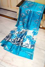 Hand Batik Printed Soft Bishnupuri 2ply Pure Silk Saree in Bright Sky Blue, Off White and Dark Slate Grey