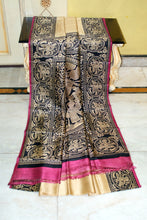 Kalamkari Printed Soft Bishnupuri 2ply Pure Silk Saree in Parmesan, Black and Dark Raspberry Pink