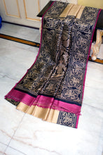 Kalamkari Printed Soft Bishnupuri 2ply Pure Silk Saree in Parmesan, Black and Dark Raspberry Pink
