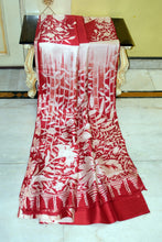 Hand Batik Printed Soft Bishnupuri 2ply Pure Silk Saree in Vivid Aunurn Red and Satin White