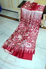 Hand Batik Printed Soft Bishnupuri 2ply Pure Silk Saree in Vivid Aunurn Red and Satin White