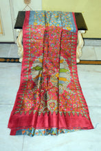 Kalamkari Printed Soft Bishnupuri 2ply Pure Silk Saree in Bluish Grey, Terracota Red and Multicolored