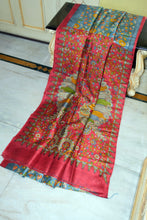 Kalamkari Printed Soft Bishnupuri 2ply Pure Silk Saree in Bluish Grey, Terracota Red and Multicolored
