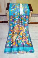 Kalamkari Printed Soft Bishnupuri 2 Ply Pure Silk Saree with Broad Border & Designer Pallu – Ivory, Arctic Blue & Purple Multicolor