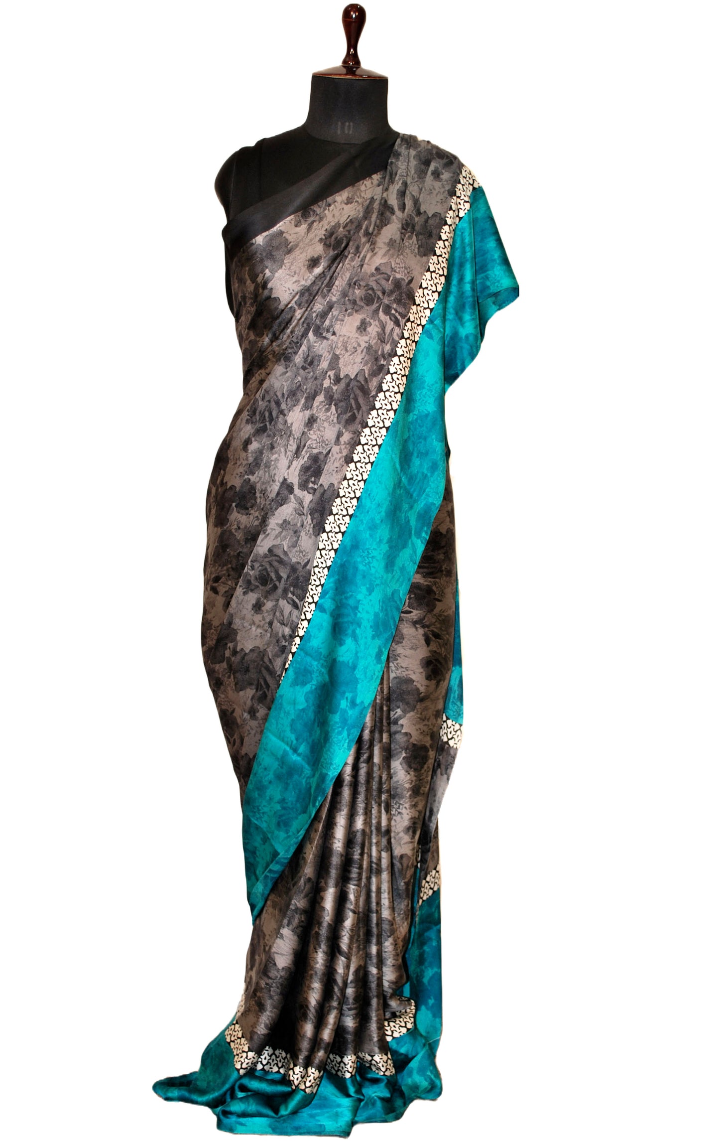 Printed Soft Crepe Silk Saree in Beige, Black and Teal