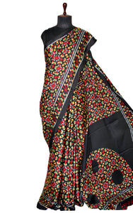 Printed Soft Crepe Silk Saree in Black and Multicolored