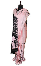 Printed Soft Crepe Silk Saree in Pastel Pink and Black in Abstract Prints