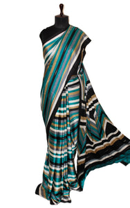 Printed Soft Crepe Silk Saree in Black, Off White, Gray, Brown and Rama Green