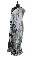 Printed Soft Crepe Silk Saree in Pewter Grey and Black in Abstract Prints