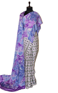 Printed Soft Crepe Silk Saree in Off White, Black, Violet and Blue
