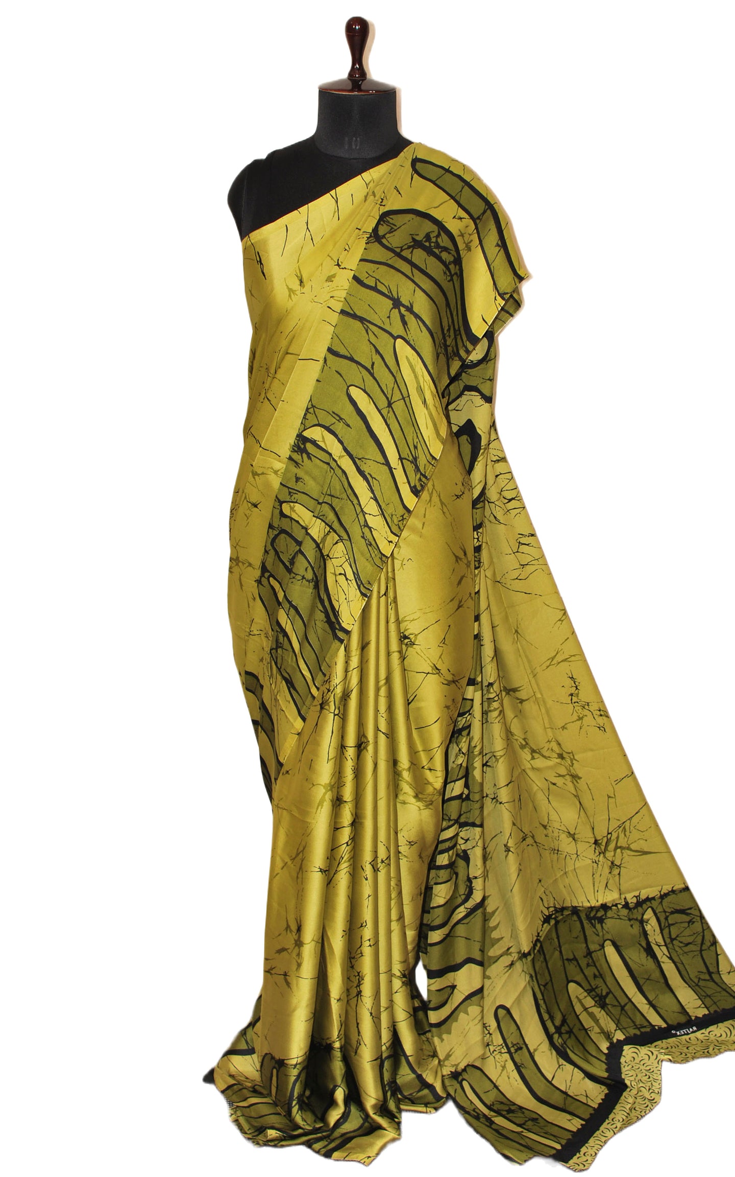 Printed Soft Crepe Silk Saree in Dirty Gold, Black and Olive Green