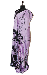 Printed Soft Crepe Silk Saree in Lavender and Black in Abstract Prints
