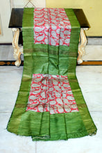 Handwoven Block Printed Pure Gicha Tussar Silk Saree in Rust Brown, Off White, Black & Sap Green