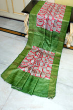 Handwoven Block Printed Pure Gicha Tussar Silk Saree in Rust Brown, Off White, Black & Sap Green