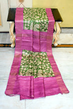 Handwoven Block Printed Pure Gicha Tussar Silk Saree in Asparagus Green, Beige & Purplish Pink